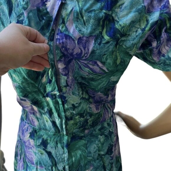 Vintage Isabell Gerhart Houston Dress Green Purple Floral Print Draped Cocktail - Picture 8 of 10